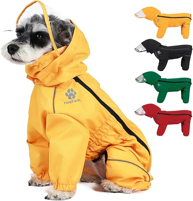 PINA Dog Raincoat, Waterproof Jacket with Hood and Pocket, Lightweight Dog Jacket with Leash Hole, Reflective Strap for Wet Weather, Full Wrap Design for Full Protection