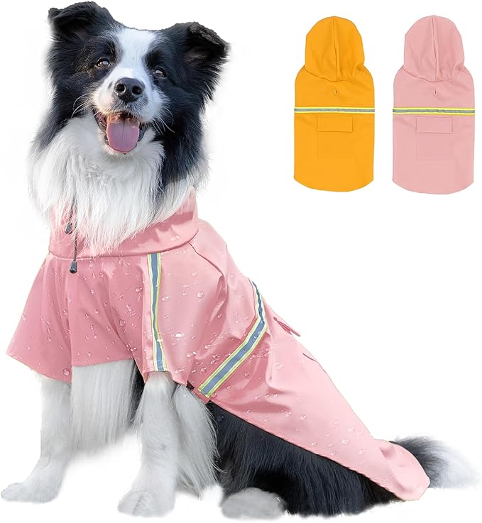 Dog Raincoat, Waterproof Windproof Dog Rain Jacket Adjustable, Rain Coat with Leash Hole, Reflective Strap Raincoat Poncho for Small Medium Large Dogs Outdoor (Reflection-Pink, Small)