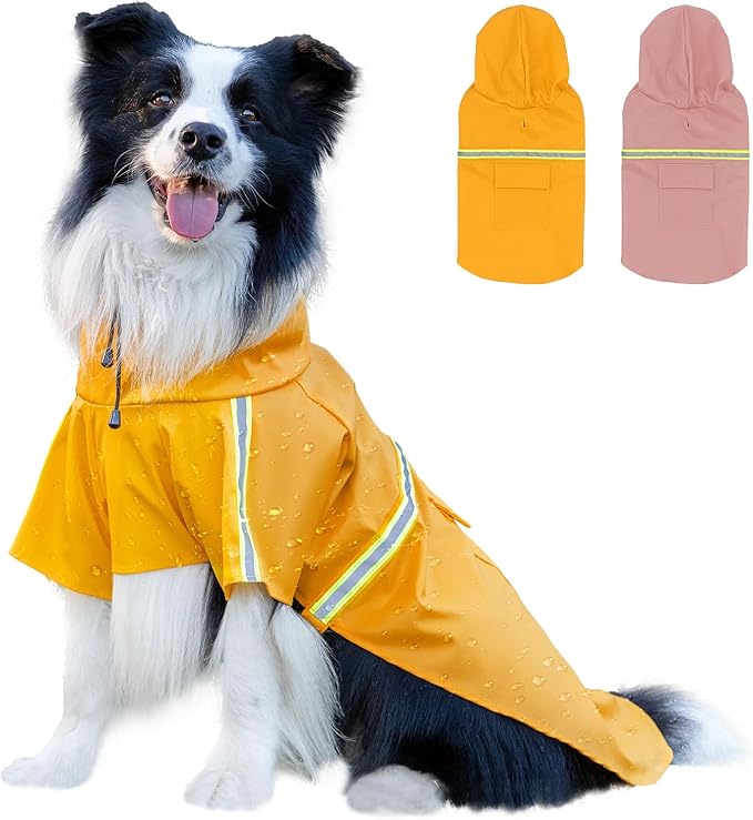 Dog Raincoat, Waterproof Windproof Dog Rain Jacket Adjustable, Rain Coat with Leash Hole, Reflective Strap Raincoat Poncho for Small Medium Large Dogs Outdoor (Reflection-Yellow, Large)