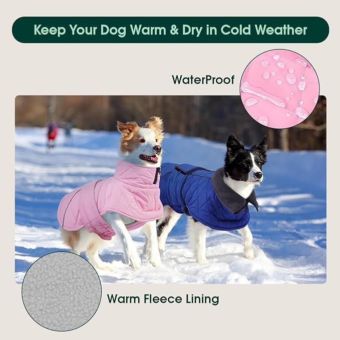 Kuoser Dog Coat, Extra Warm Dog Jacket Windproof Dogs Cold Weather Coats for Large Dogs, Fleece Lining Turtleneck Puppy Snowsuit Reflective Adjustable Pet Winter Clothes Christmas, Pink XL