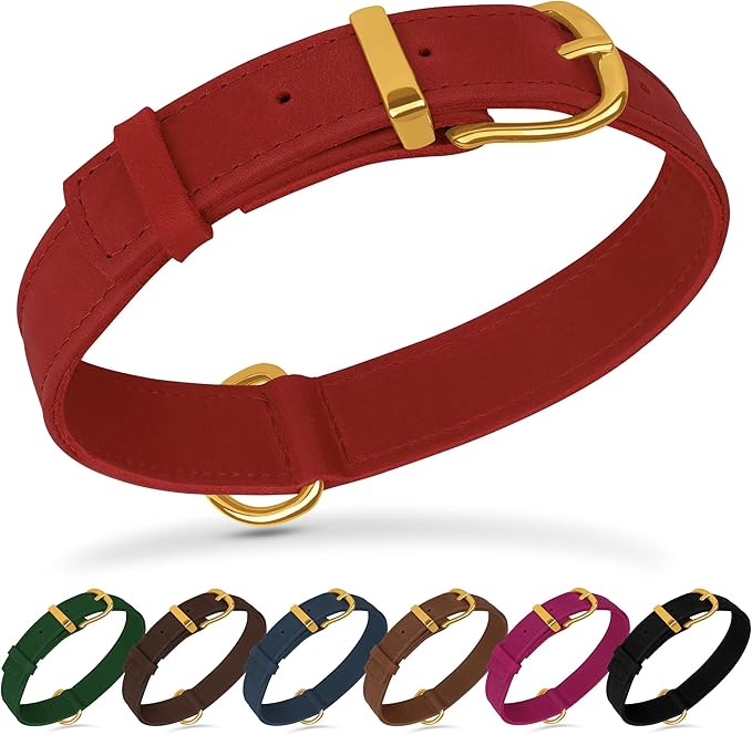 Leather Dog Collar - Heavy Duty Adjustable Soft Padded Pet Collars for Small Medium Large Dogs Breed - Black Green Brown Pink Red Blue (Red, S, 9"-12" Neck Fit)