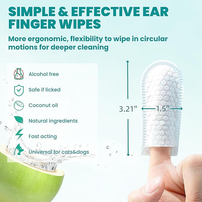 Ear Cleaner Finger Wipes 60 Counts, Dog Ear Cleaner, Grooming Kit Care for Dogs and Cats, Soft & Easy Otic Cleaning Pads, Remove Wax, Dirt & Stop Smelly, Itchy, Non-Irritating, Unscented