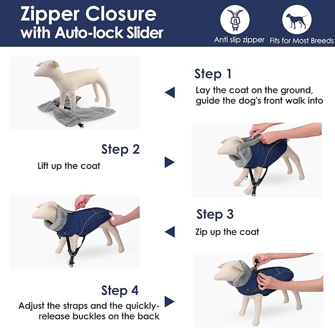 AOFITEE Dog Winter Coat, Waterproof Dog Jacket with Harness Built in, Warm Fleece Dogs Coats for Medium Dogs, Reflective Cozy Thermal Pet Puffer Jacket Snowsuit with Zipper & Furry Collar, Blue M