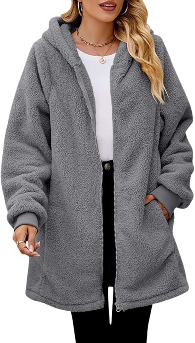 LIZALIG Women's Oversized Fleece Jacket Hooded Zip-Up Cardigan Coat with Pockets Warm Winter Casual Wear for Vacation