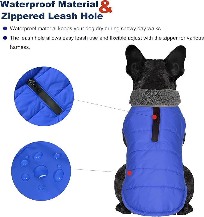 Dog Winter Coat, Waterproof Dog Jacket with Leash Hole, Reflective Adjustable Pet Snow Vest, Warm Fleece Sweater for Small Medium Large Dogs - Blue, XS
