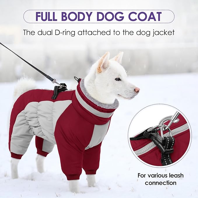 SUNFURA Full Body Dog Coat - Warm Fleece Jacket for Small Dogs, Turtleneck Winter Coats with Harness, Reflective Dog Snowsuit Windproof Puffer Jackets with Legs for Chihuahua, Yorkie, Burgundy XS