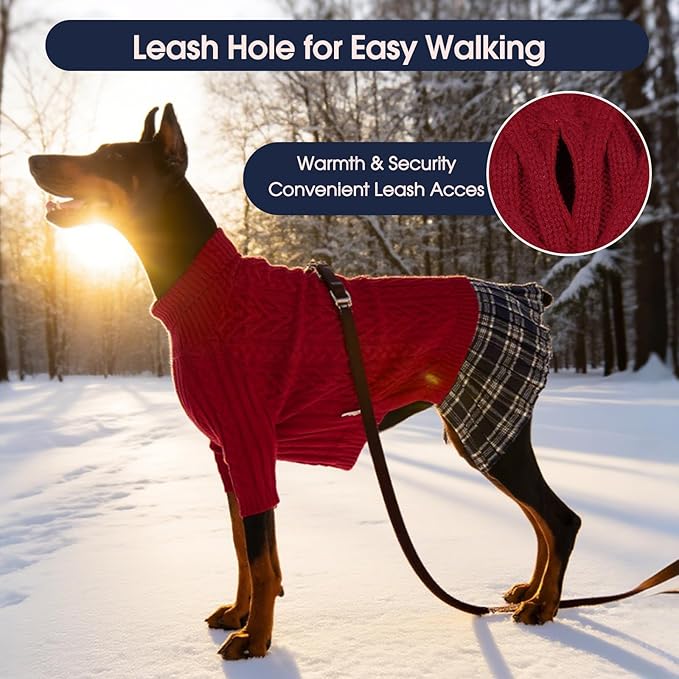 IECOii Girl Dog Sweater Dress - Cable Knit Dog Sweater for Medium Dogs Girl, Red,Large - Turtleneck Winter Sweaters with Leash Hole, Soft & Stretchy Adorable Dress for Thanksgiving Christmas Photo