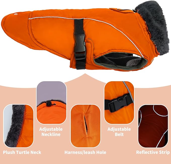 DENTRUN Large Dog Coat - Thick Fleece Lined Reflective Winter Jacket, Snap Closure & Leash Hole, Warm Thick Fleece Lined, Plush Turtleneck Vest for German Shepherd, Orange, XXL