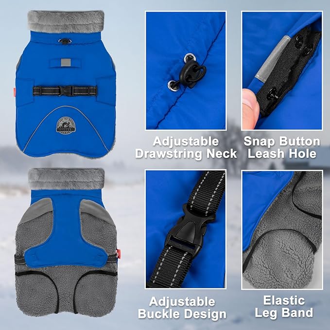 KYEESE Waterproof Dog Coat, Windproof Warm Winter Jacket with Thick Fleece Lined, Turtleneck Dog Coats for Small Dogs with Leash Hole, Reflective Outdoor Cold Weather Coat, Blue, Medium