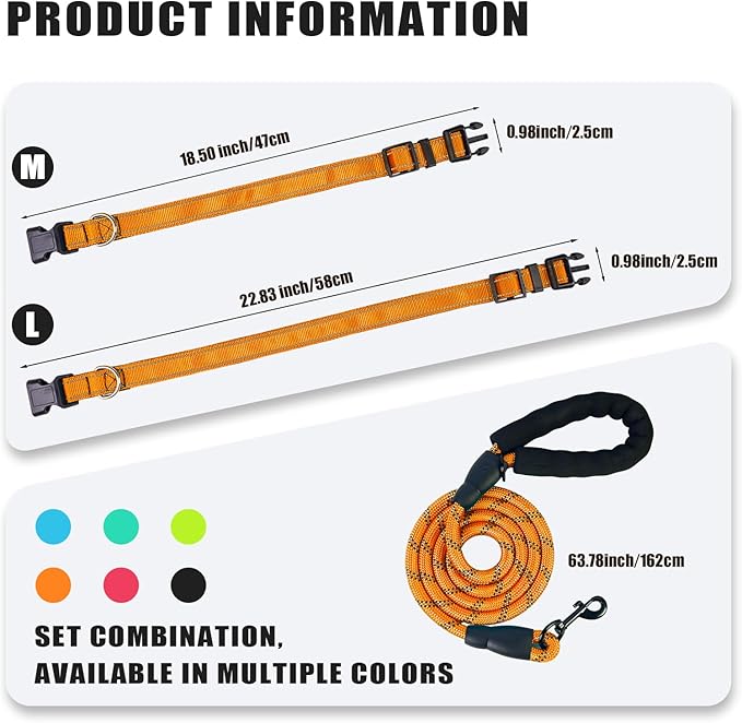 Nylon Dog Leash for Medium Large Dogs, 5-FTReflective Heavy Duty Leash with Comfortable Handle & Poop Bag Dispenser Ring, 1/2 Inch Wide, Secure Reinforcement for Walking (Orange, M)