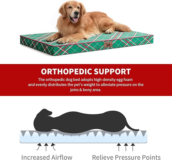 Orthopedic Dog Bed for Large Dogs, Big Waterproof Dog Bed Washable Pet Bed for Large Sized Dogs with Egg Crate Foam Pet Bed Mat, Removable Oxford Cooling Cover, Plaid