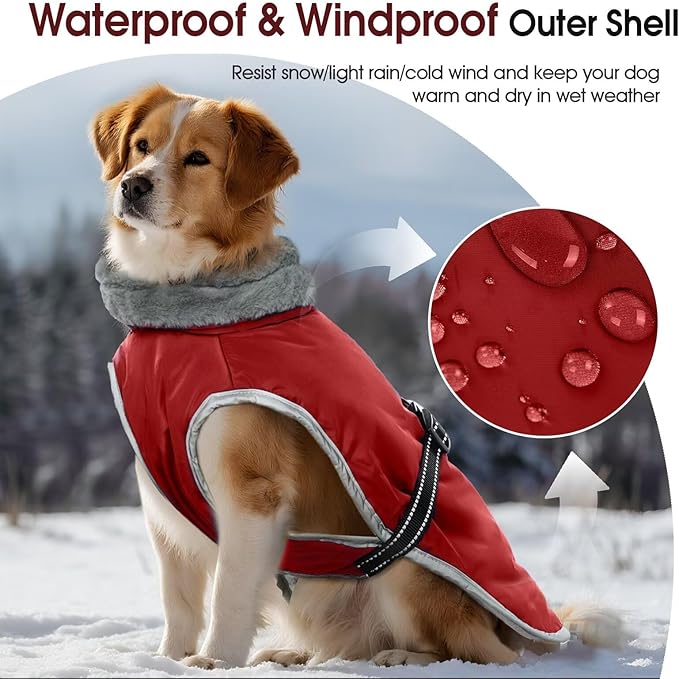 Dog Winter Jackets for Large Dogs,Size L Warm Pet Coat with Leash Hole,Waterproof Dogs Snowsuits Warm Pet Jacket Fleece Cold Weather Coats Reflective Puppy Vest,Dog Cold Weather Coats,Red,L