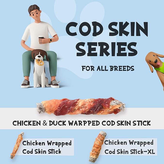 ASMPET Dog Cod Skin Treats, Chicken & Duck Wrapped Cod Skin Sticks, Rawhide Free Dog Treats Chews Bones