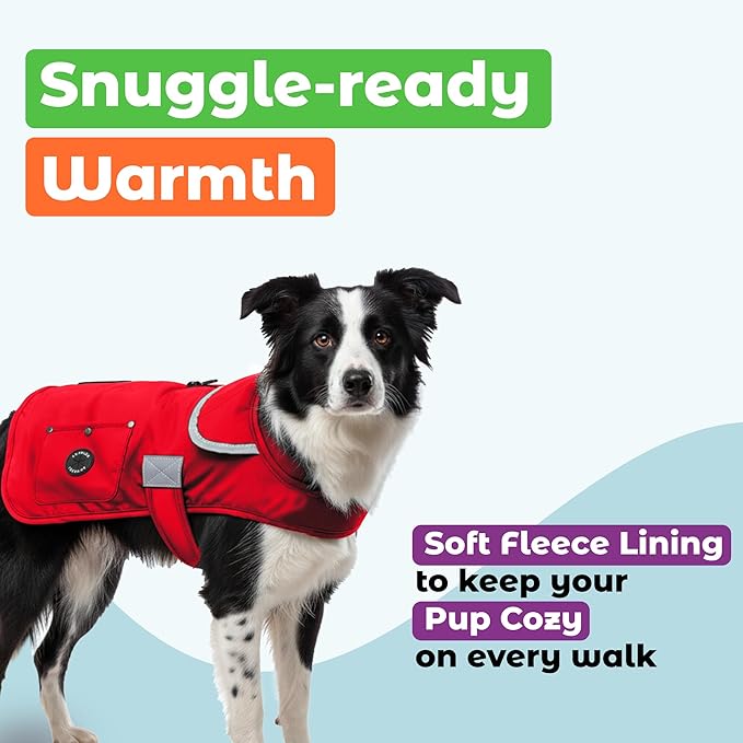 Joyride Harness FrostFlex Dog Winter Jacket - Fleece Lined & Water-Resistant - Snowsuit with Pockets for Treats & Poop Bags - Durable Cold Weather Dog Coat - Red Rush-XXL