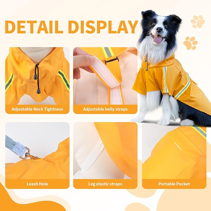 Dog Raincoat, Waterproof Windproof Dog Rain Jacket Adjustable, Rain Coat with Leash Hole, Reflective Strap Raincoat Poncho for Small Medium Large Dogs Outdoor (Reflection-Yellow, Small)
