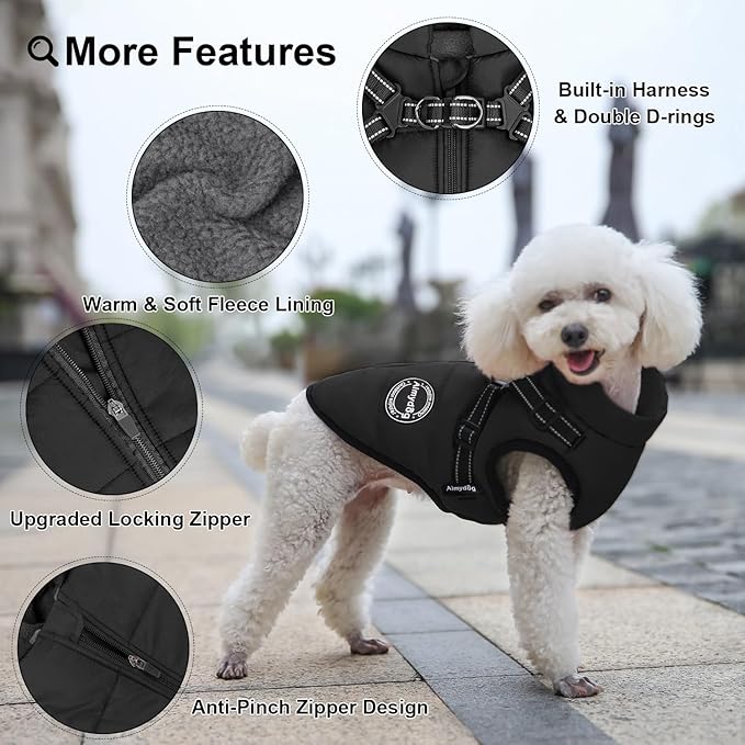 Warm Dog Winter Coat, Fashion Cold Weather Jacket with Built-in Harness, Reflective & Adjustable Comfortable Pet Vest, Windproof Dog Apparel for Small Medium Large Dogs (Black)
