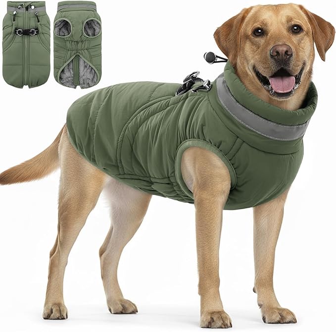 SAWMONG Dog Coat, Warm Dog Winter Coat, Waterproof Fleece Jacket, Cold Weather Dogs Jacket (XL,Green)