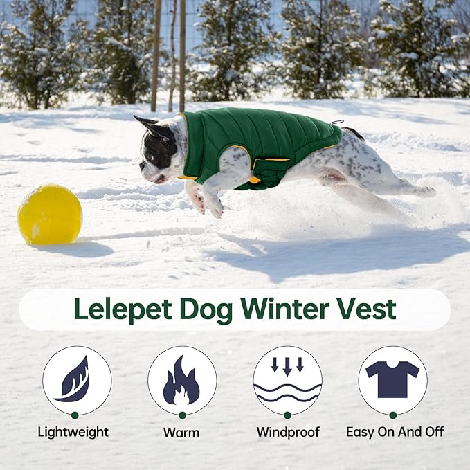 Lelepet Reversible Dog Coat Waterproof Dog Jacket Windproof Puffer Vest for Winter Warm Lightweight Coats for Medium Dogs Adjustbale Hook & Loop Pet Apparel with Leash Hole, French Bulldog, Green L