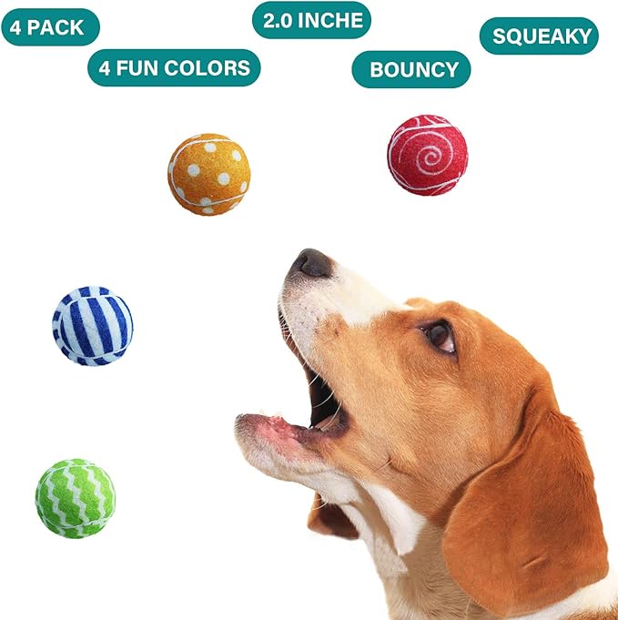 AMA SPORT Squeaky Tennis Balls for Dogs 4 Pack 2.0" Squeaky Tennis Balls for New Puppy Small Dog Toys for Fetch, Exercise, Outdoor Play