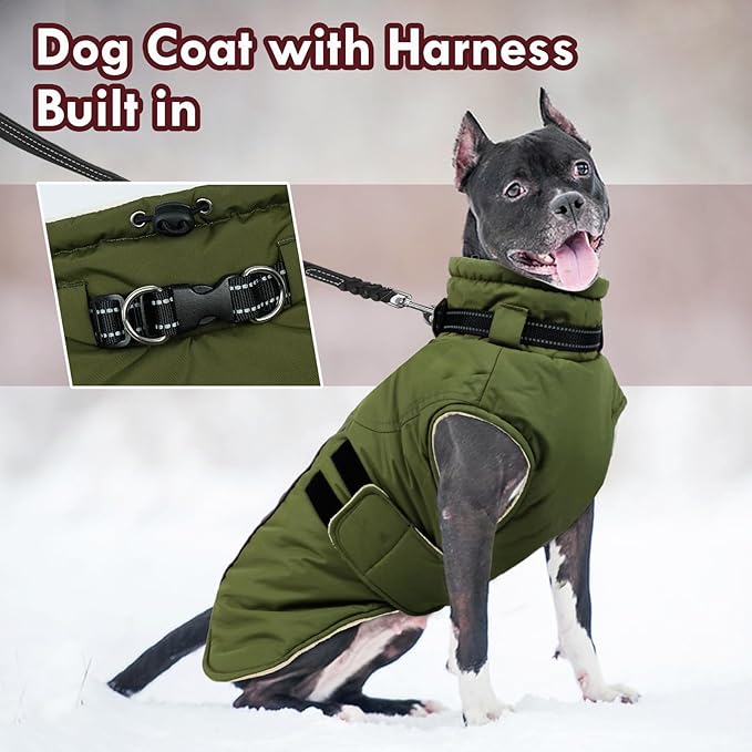 Dog Winter Coat with Harness, Warm Dog Jackets for Large Dogs Waterproof, Adjustable Hook&Loop Reflective Snowsuit, Cold Weather Coats for Dogs Labrador Doberman, XXXL Green