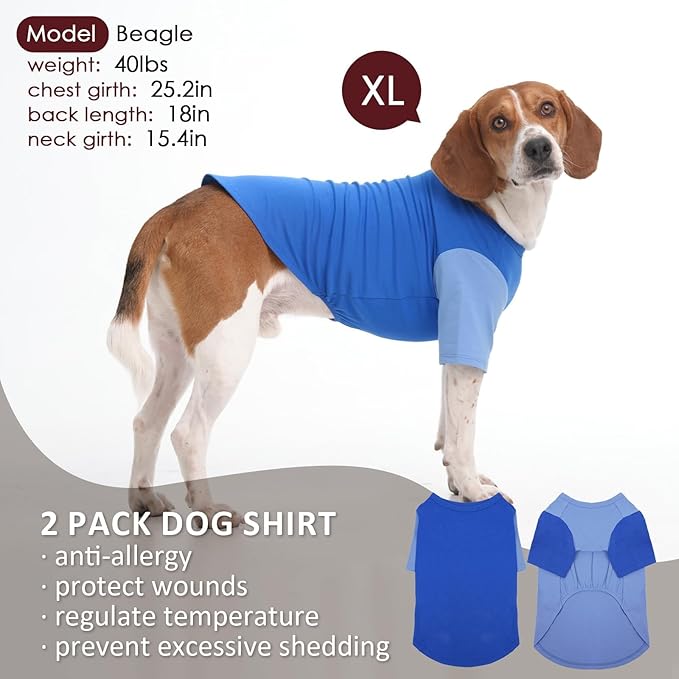 2 Pack Large Dog Shirts for Summer - Stretchy Breathable Cotton Dogs T-Shirt, Protect Skin Easy On and Off Dogs Clothes for French Bulldog, Pug, Daily Wear, Park, Travel, Beach Trips, Blue