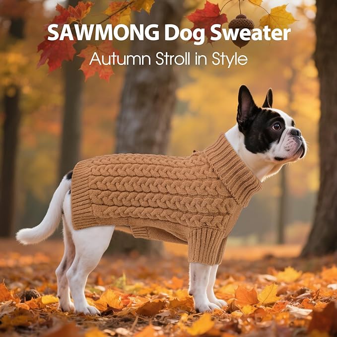 SAWMONG Dog Sweater, Dog Sweaters for Small Dogs Girls Boys, Pullover Turtleneck Knitted Doggy Sweatshirt, Cold Weather Pet Clothes（Khaki, Small