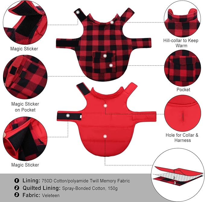 ASENKU Dog Winter Coat, Fleece Doggie Jacket Plaid Reversible Vest Waterproof Windproof Cold Weather Clothes for Small Medium Large Dogs (Red, XL)