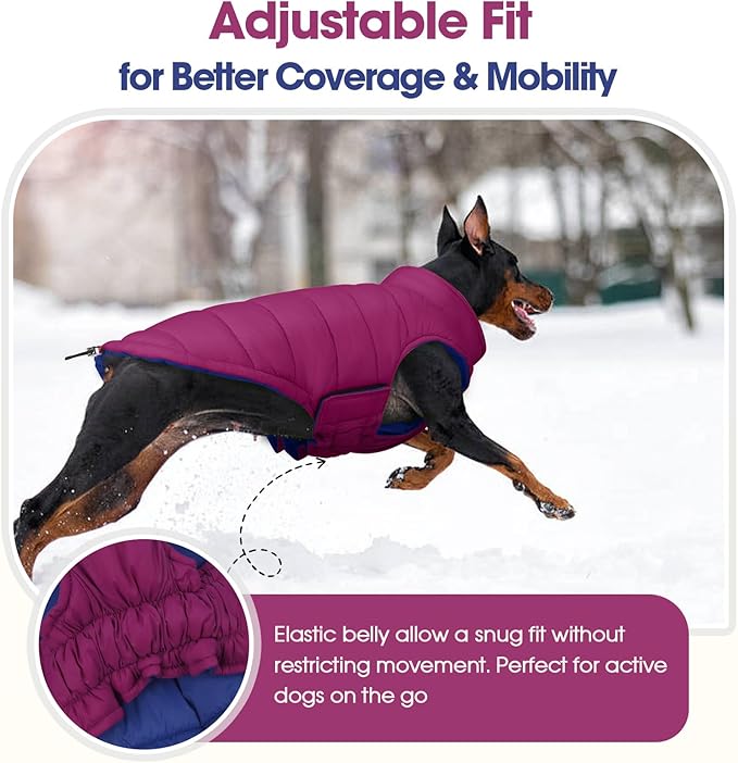 QBLEEV Reversible Dog Coat for Large Dogs, Waterproof Windproof Winter Jacket Keeps Big Breeds Warm & Dry, Adjustable Hook & Loop Puffer Vest, Purple, 3XL – Fits Labrador, Weimaraner, Great Dane