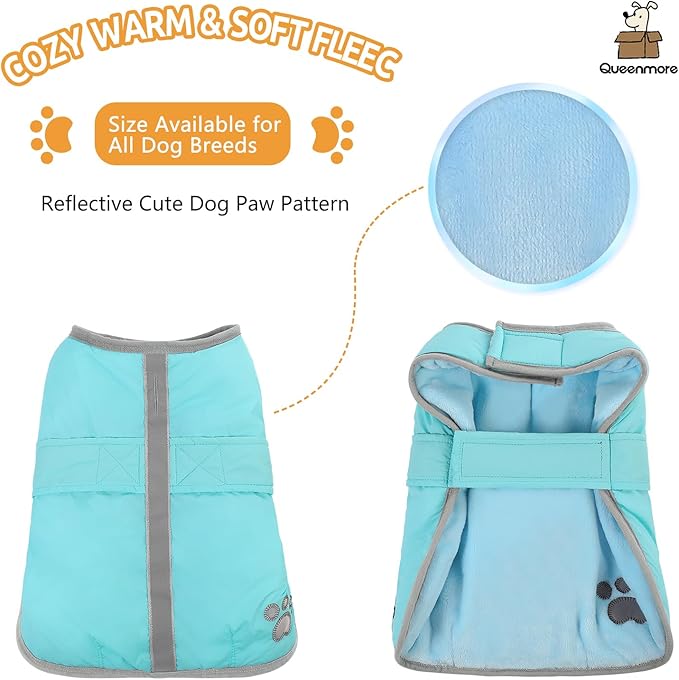 Queenmore Dog Winter Coat, Fleece Puffer Dog Down Vest, Cold Weather Pet Jacket for Dogs, Waterproof Reflective Reversible Dog Sweater Clothes for Small, Medium and Large Dogs (Light Blue, M)