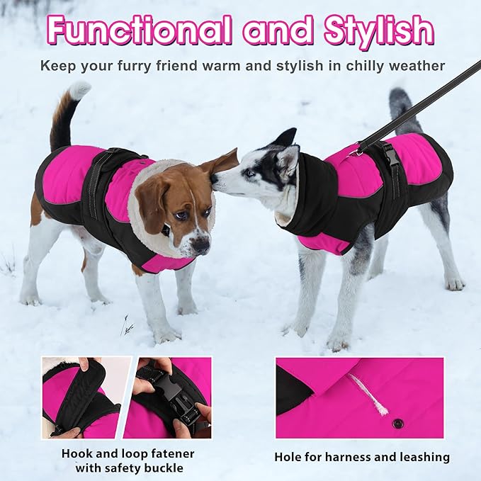 Dogcheer Waterproof Dog Coat, Christmas Dog Winter Jacket, Adjustable Puppy Fleece Coat for Cold Weather, Reflective Turtleneck Snow Jacket for Small Medium Large Dogs - Pink, L