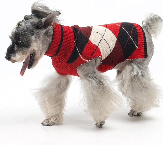 KOOLTAIL Dog Sweater Pet Knitted Clothes-Classic Plaid Pullover Turtleneck Red Fleece Dog Christmas Sweaters with Leash Hole, Thick Warm Dog Winter Clothes for Small Medium Large Dogs Cats Puppy, L