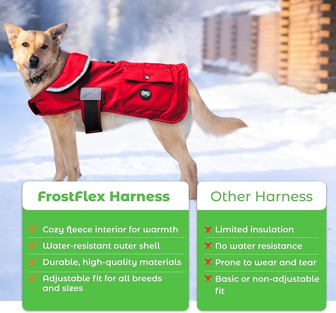 Joyride Harness FrostFlex Dog Winter Jacket - Fleece Lined & Water-Resistant - Snowsuit with Pockets for Treats & Poop Bags - Durable Cold Weather Dog Coat - Red Rush-XS