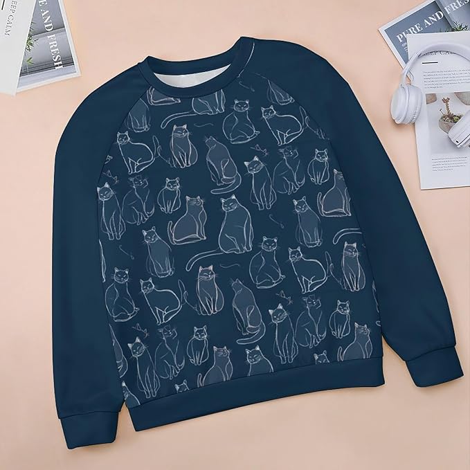 Abstract Cute Cat Shirts for Women Long Sleeve Lady Crewneck Pullover Sweatshirt Fall Winter Oversized Tops