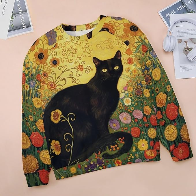 Long Sleeve Shirts for Women Cat Oil Painting Shirt 3D Graphic Sweatshirts Fall Pullover Crewneck Vintage Boho Tops