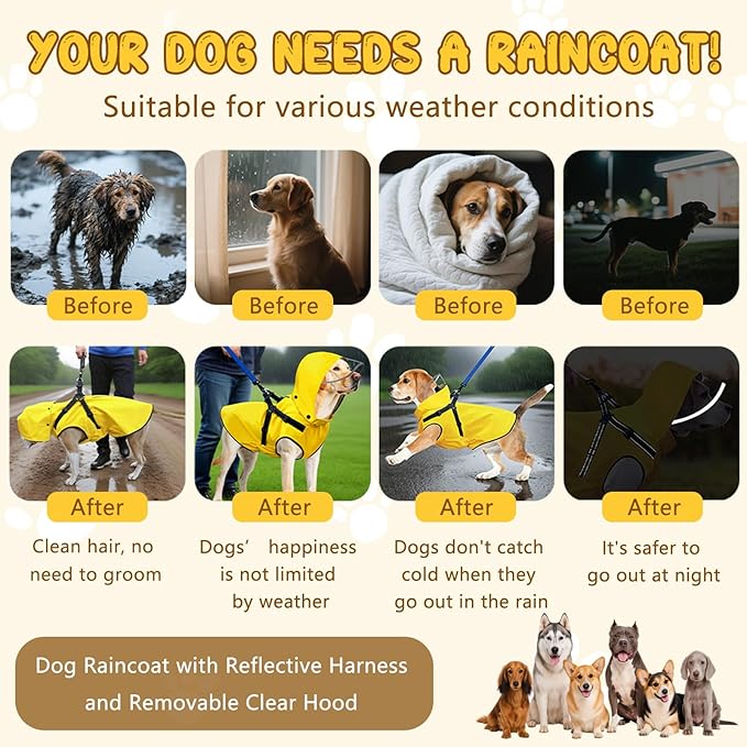 Dog Raincoat: Dog Rain Jacket with Reflective Harness & Removable Hood | Waterproof Dogs Rain Coat Poncho for Large Medium Small Dogs Puppies (Yellow - XXL)