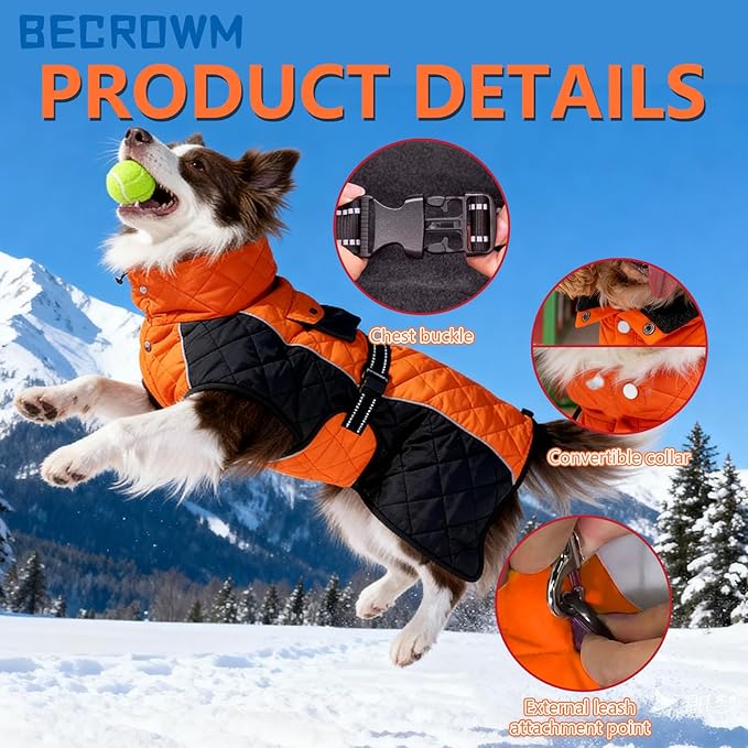 Dog Coat Dogs Winter Coat- Fleece Lined,Water-Resistant,Convertible Collar,Back Reflective Strip&Easy to Wear for Outdoor Walking Dog-Jacket(Orange, X-Large)