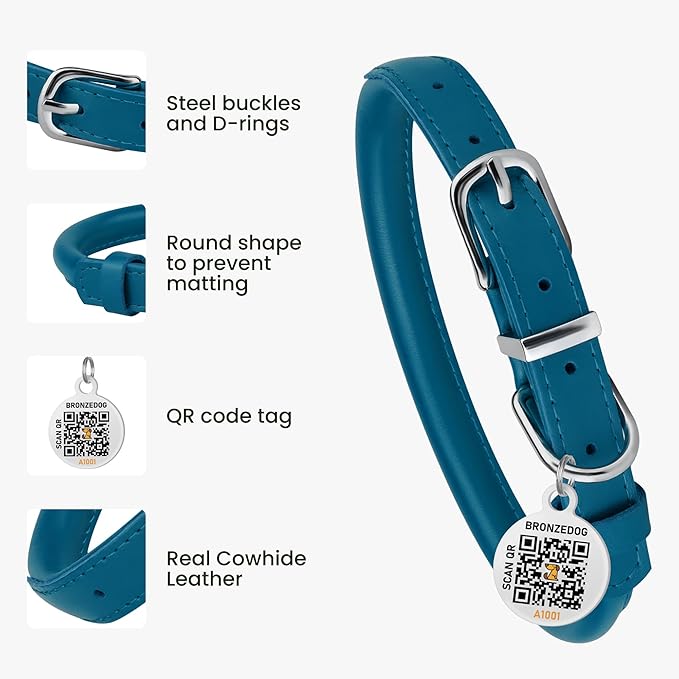 BRONZEDOG Rolled Leather Dog Collar for Small Medium Large Dogs with QR ID Tag (L: 16-18 Inch, Ocean Blue)