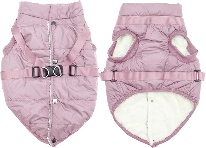 Dog Jacket with Harness,Fleece Lined Warm Puppy Coat for Winter,Soft Windproof Medium Dog Vest,Light Pink L