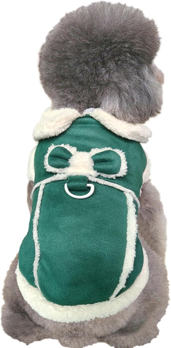 Jecikelon Bowtie Dog Cold Weather Coat Fleece Lining Warm Pet Puppy Turtleneck Dogs Winter Clothes for Small Dogs with D-Ring (Green, Medium)