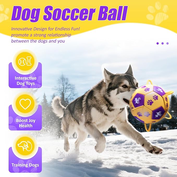 Size 2 Dog Soccer Ball with Straps Durable Training Ball for Pets Interactive Outdoor Dog Toy,Yellow & Purple, Paw and Puppy Design, for Small & Medium Puppie