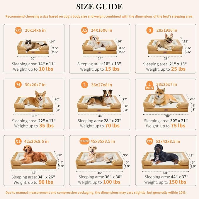 Comfort Expression Orthopedic Dog Bed for Small Dogs 24x16 Inch, Waterproof Supportive Egg Crate Foam Small Pet Bed with Removable Bolsters, Dog Couch with Washable Cover & Non-Slip Bottom, Caramel