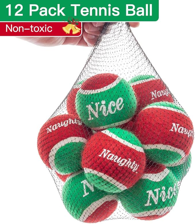 PUPTECK Squeaky Tennis Balls for Dogs - Christmas Dog Rubber Ball Toys 12 Pack, Interactive Dog Training Bounce Toys for Holiday, 2.5 inches