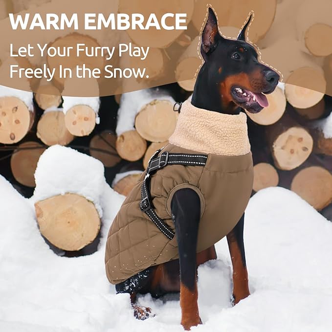 Queenmore Dog Jacket, Dog Coats for Large Dogs, Large Pet Coat with Harness Built in, Thick Fleece Snow Jacket for Extra Large Breeds, Waterproof Windproof Pet Apparel Cold Weather, Brown 3XL