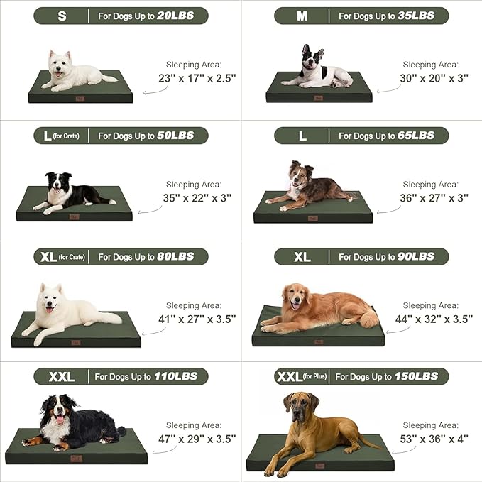 Outdoor Large Washable Dog Bed, Orthopedic Egg Crate Foam Dog Crate Mat for Large Dogs with Removable Oxford Cooling Cover, Dark Green