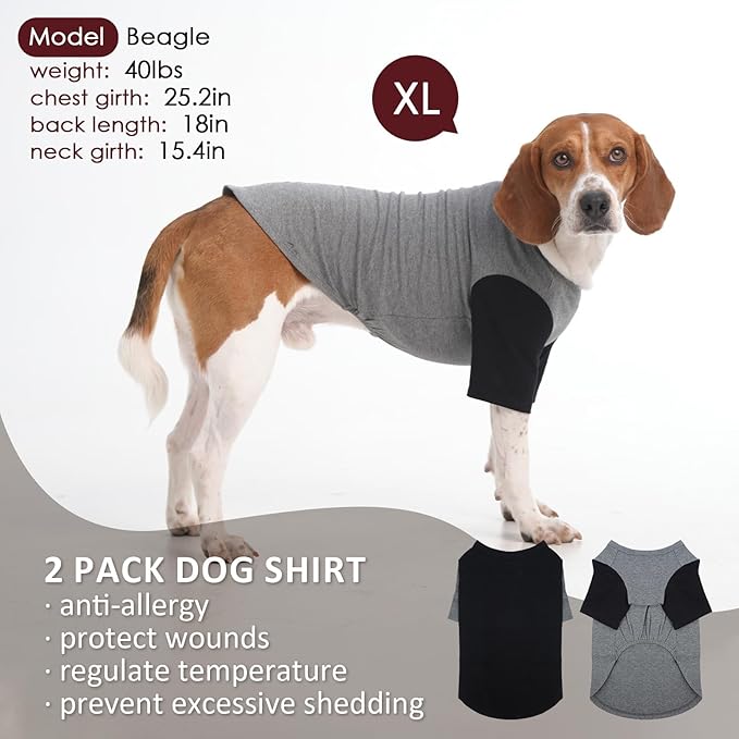 2 Pack X-Large Dog Shirts - Breathable Lightweight Basic Tees, Durable Moisture-Wicking Clothes for Beagle, Bullmastiff, Sleep Hot Summer Day Outdoor Activities, Travel, Seaside, GreyBlack
