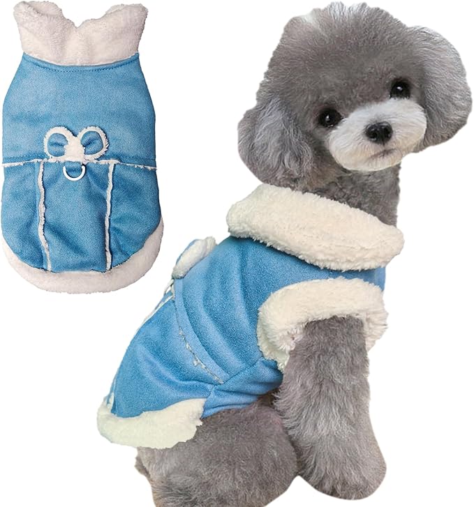 Jecikelon Bowtie Dog Cold Weather Coat Fleece Lining Warm Pet Puppy Turtleneck Dogs Winter Clothes for Small Dogs with D-Ring (Blue, Small)