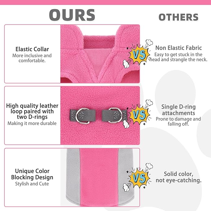 KOOLTAIL Small Dog Sweater - Dog Fleece Vest Jacket with Leash D-Ring for Small Medium Dogs, Soft Pullover Winter Warm Cold Weather Coats, Pet Fall Clothes Outfit for Puppy Cat Boys & Girls, Pink M