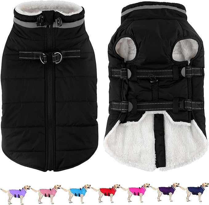 Dogcheer Dog Coat, Waterproof Dog Jacket with Harness, Reflective Adjustable Winter Coat with Zipper, Christmas Pet Snow Jacket Clothes for Small Medium Large Dogs - Black XS