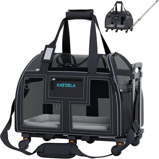Airline Compliant Pet Carrier - Rolling Portable Travel Carry Crate for Small Dog, Puppy or Cat - Soft Removable Wheeled Design with Mesh Window Sides - Airplane and TSA Compliant- by Katziela