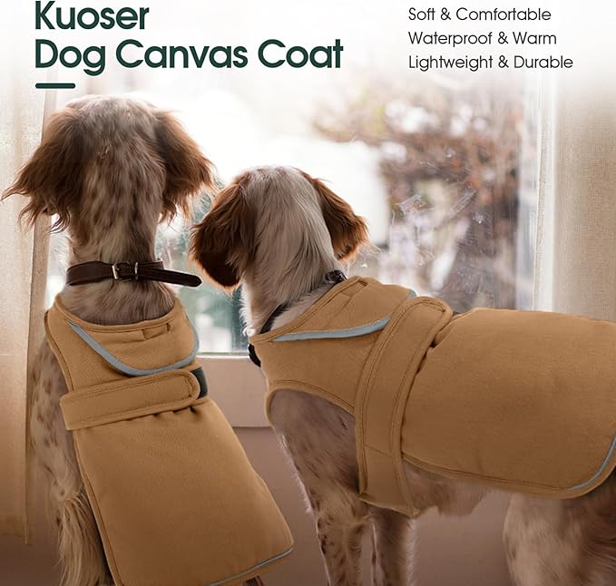 Kuoser Canvas Dog Coat, Warm Dog Jacket Reflective Fleece Pet Cold Weather Coat, Warm Doggie Clothes Waterproof Winter Vest with Zipper Leash Hole for Small Medium Large Dogs, Brown 2XL